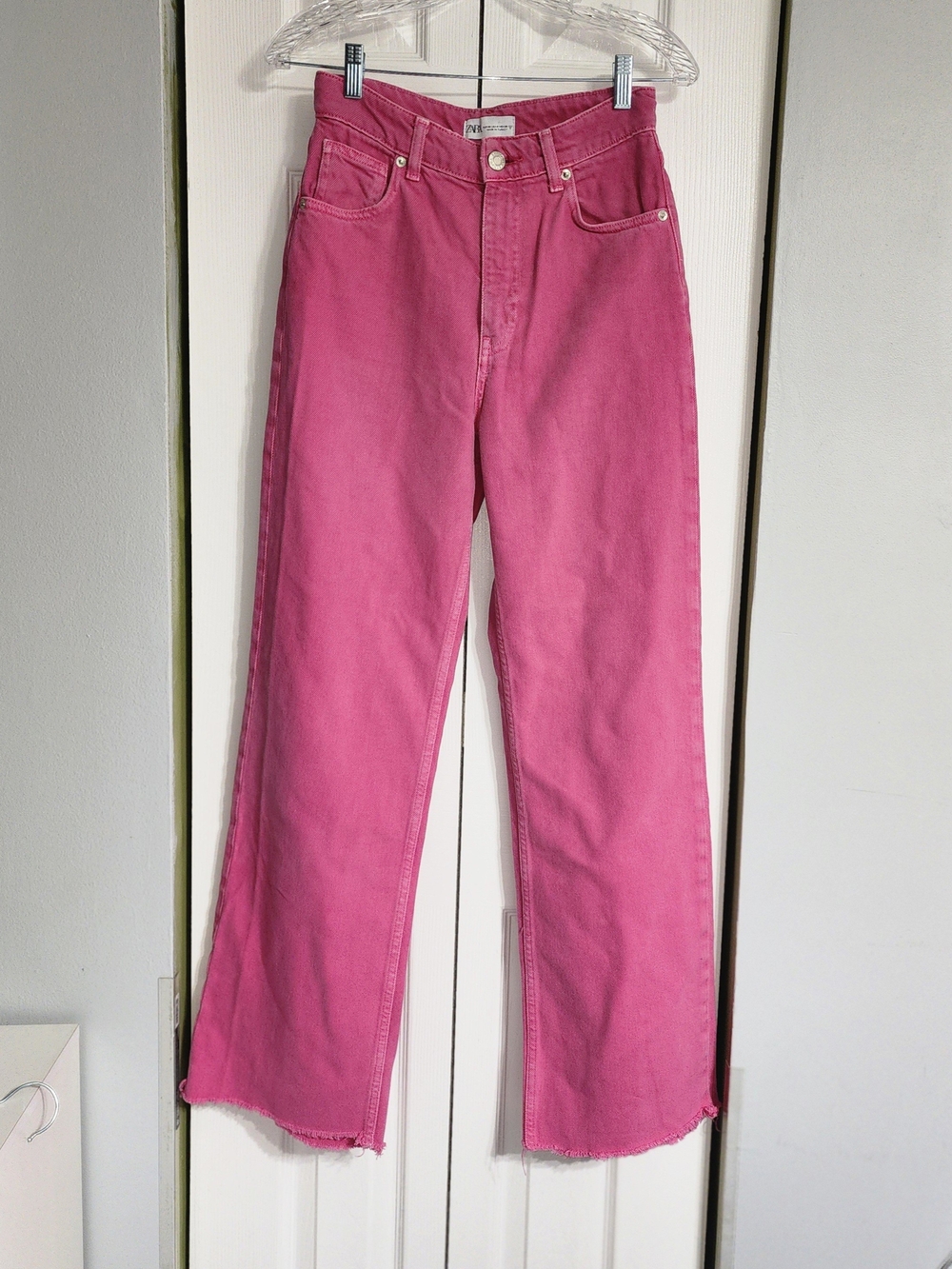 Zara Pink Distressed Wide Leg Jeans Raw Hem Crotch Rip Repair Project Sz 4